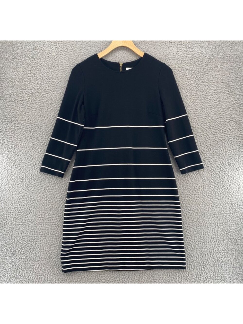 Calvin Klein Dress Womens 4 Black Striped Shift 3/4 Sleeves Mini Stretch Career
